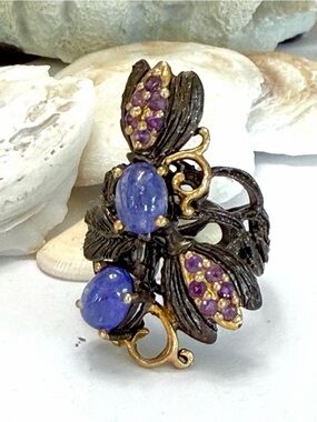 Artist Designed Tanzanite & Amethyst Sterling Silver and 14k Ring